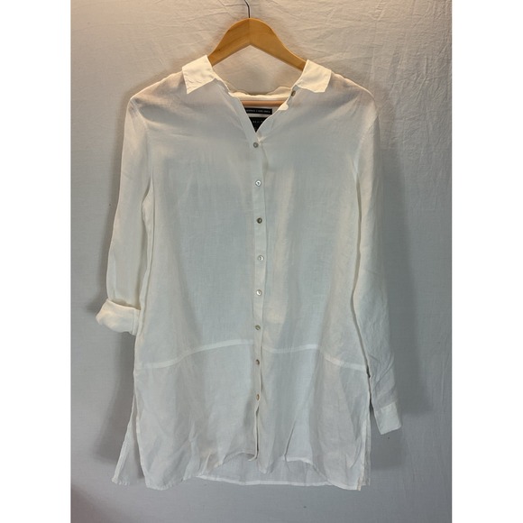 Tahari 100% Linen Tunic Button Down White Shirt Roll Tab Sleeve LG Langenlook - Picture 1 of 9